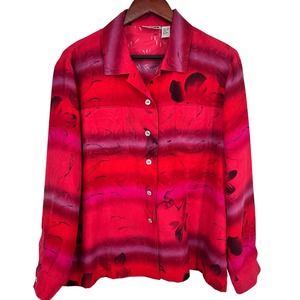 Chicos Design Size 2 LARGE 100% SILK Red Formal Blouse Shirt Top Wearable Art